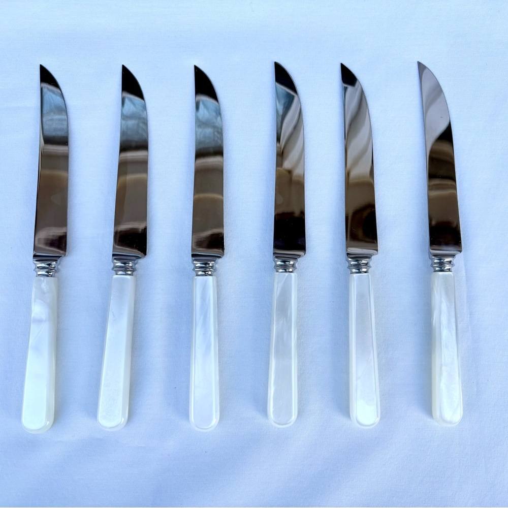 Sheffield England Leffington Set 6 White Faux Mother Pearl Steak Knives S Steel